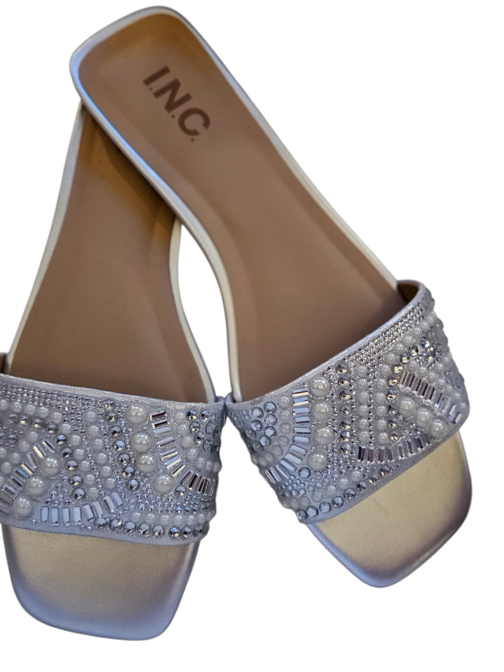 INC NWOT Macys  Silver Rhinestone Pearl Flat Slide Sandals 8.5M